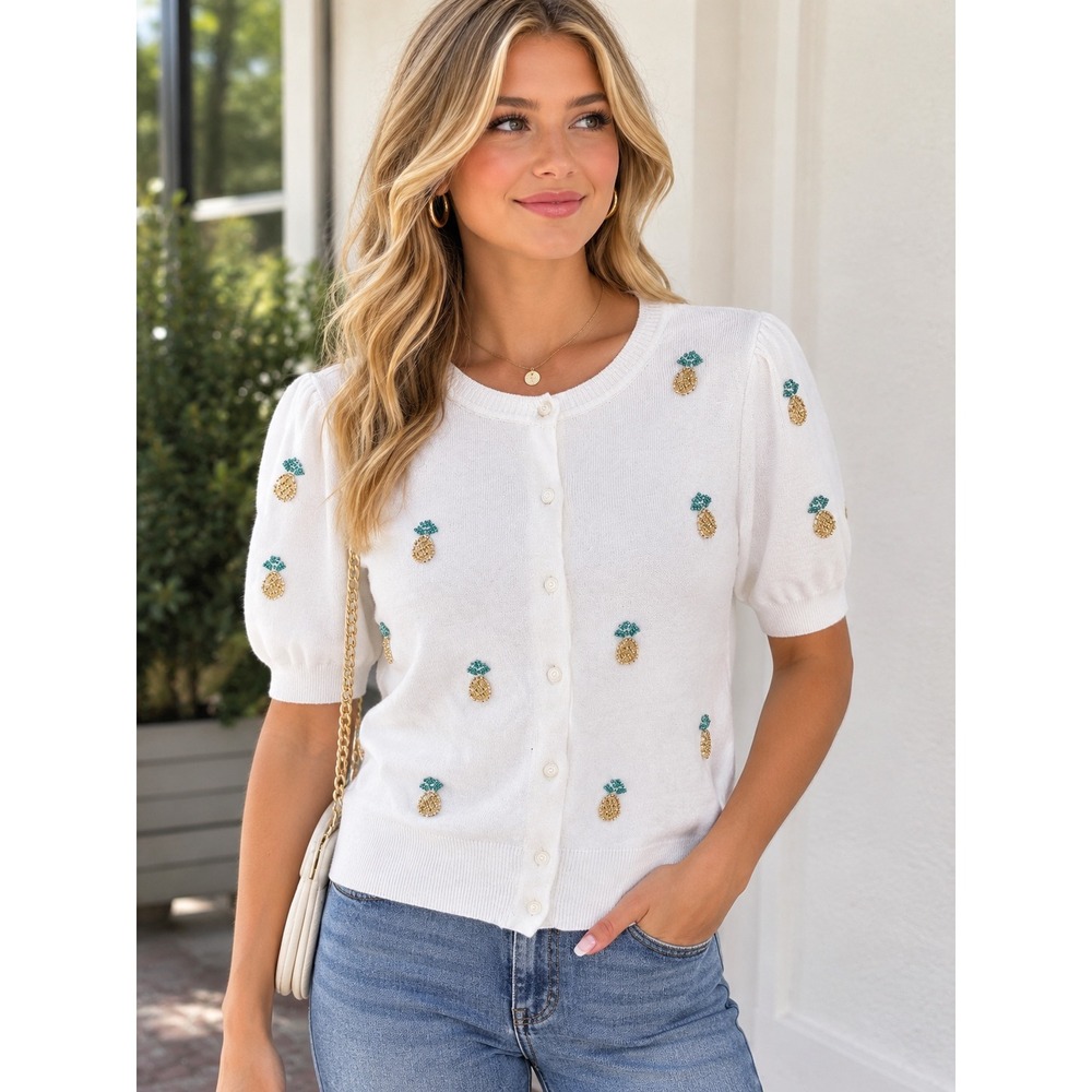 Free Assembly Womens Cream Pineapple Beaded Puff Sleeve Cardigan Sweater M 8-10